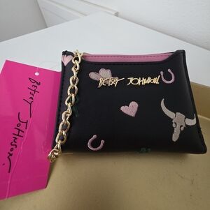 Betsey Johnson Black and Gold Wristlet with Pink Accents